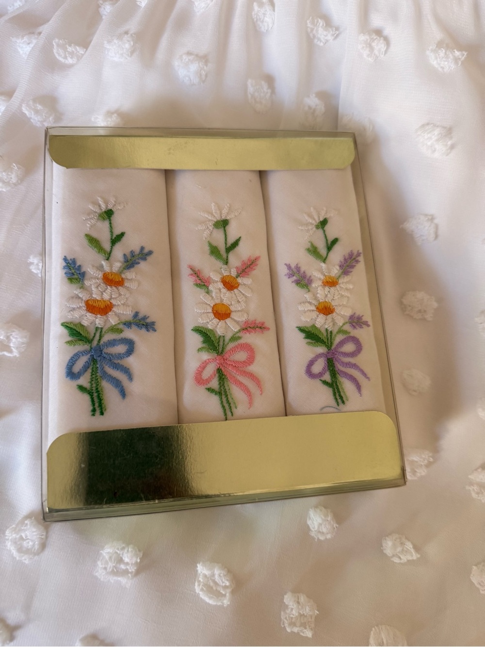 Embroidered Daisy Handkerchief Set - White with Blue, Pink & Purple Accents